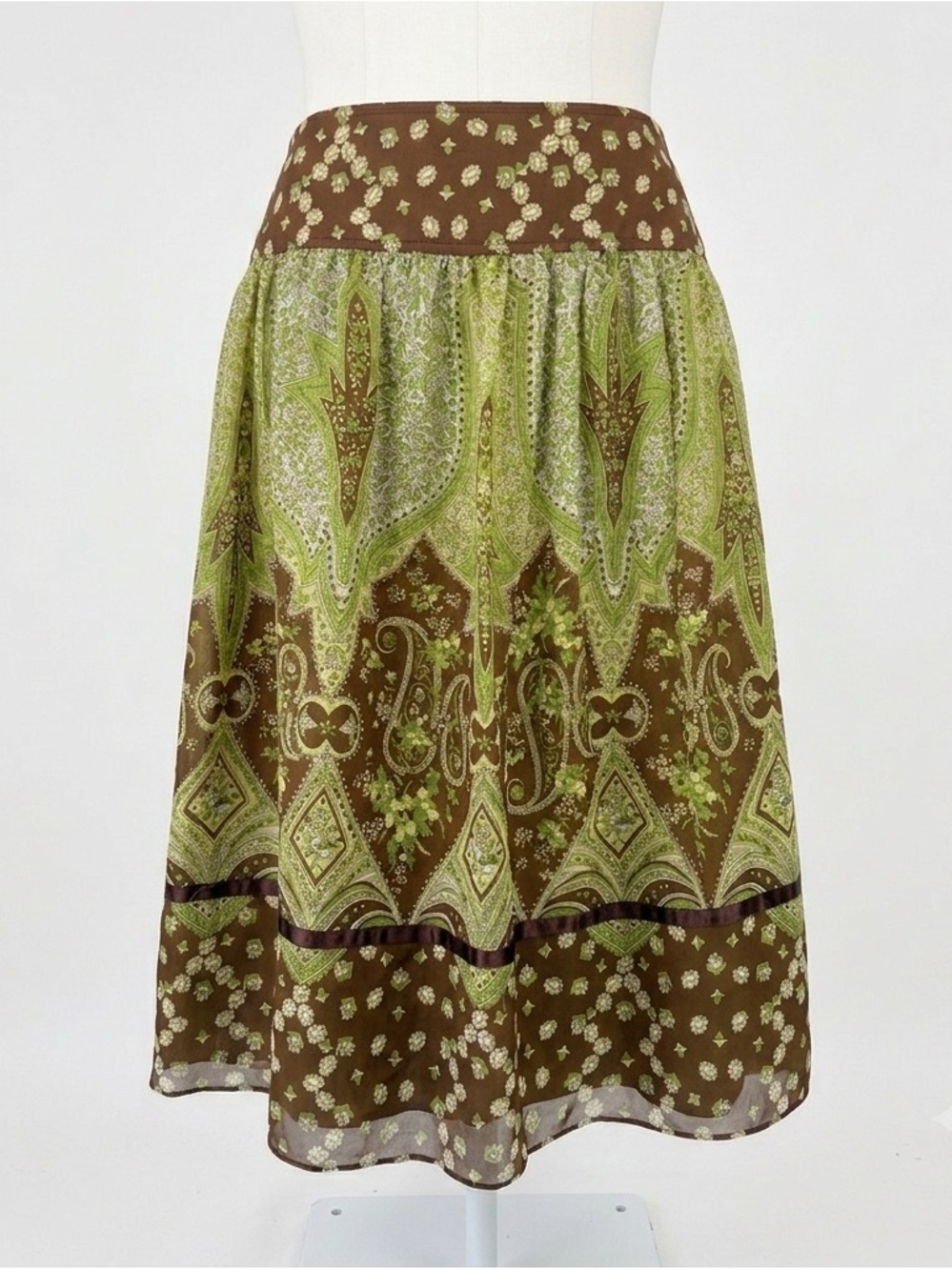 Banana Republic Y2K Fall 2005 Silk Paisley Floral A-Line Skirt Green Brown Sz 6